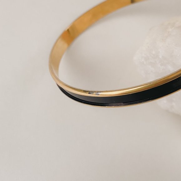 Napier Vintage Thin Black Enamel Stripe Gold Minimal Stackable Bangle Bracelet - Picture 4 of 8